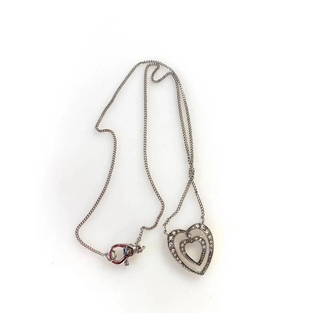 MONET Necklace Hearts Silver Tone Rhinestones 16”